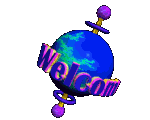 A gif of the Earth. It has two yellow rods sticking out from the top and bottom, with a purple and blue sphere on the tip of each. There is 3D text spinning around the globe that reads Welcome. The text is purple with yellow edges.