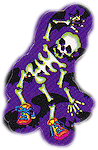 An image of a dancing skeleton on the right side of the text. The skeleton is wearing pink and yellow shoes with blue shoelaces. The background of the image is purple with black zebra stripes.